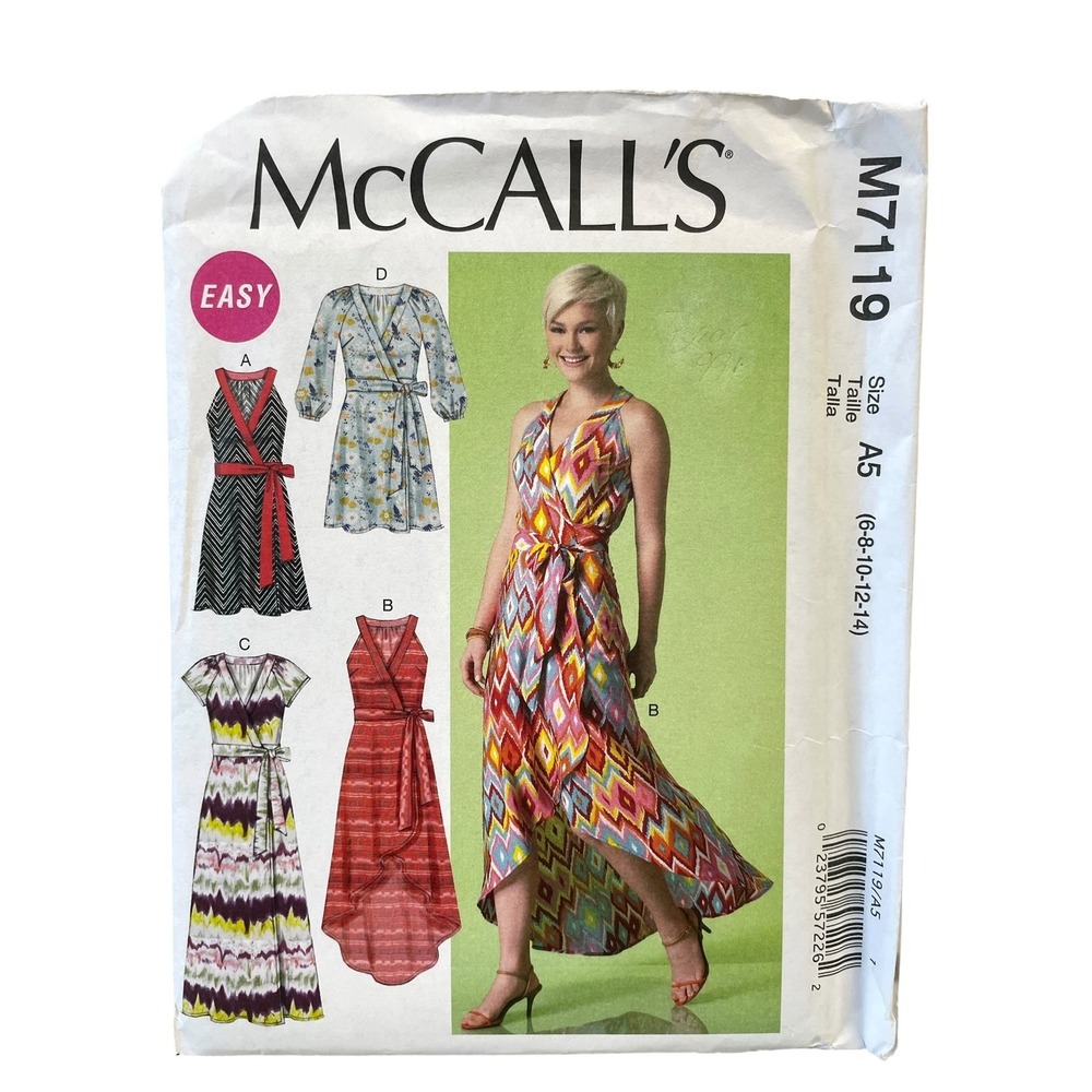 McCalls M7119 Sewing Pattern Misses Size 6-14 White Wrap Dress Easy Modern